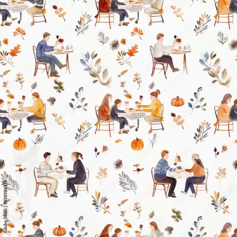 Poster this watercolor pattern features multiple people sitting at tables eating together. the scene is set