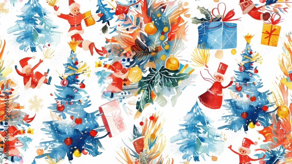 Aufkleber This image features a watercolor Christmas pattern. The pattern is set on a white background and includes various festive elements. It features multiple Christmas trees decorated with ornaments, red a