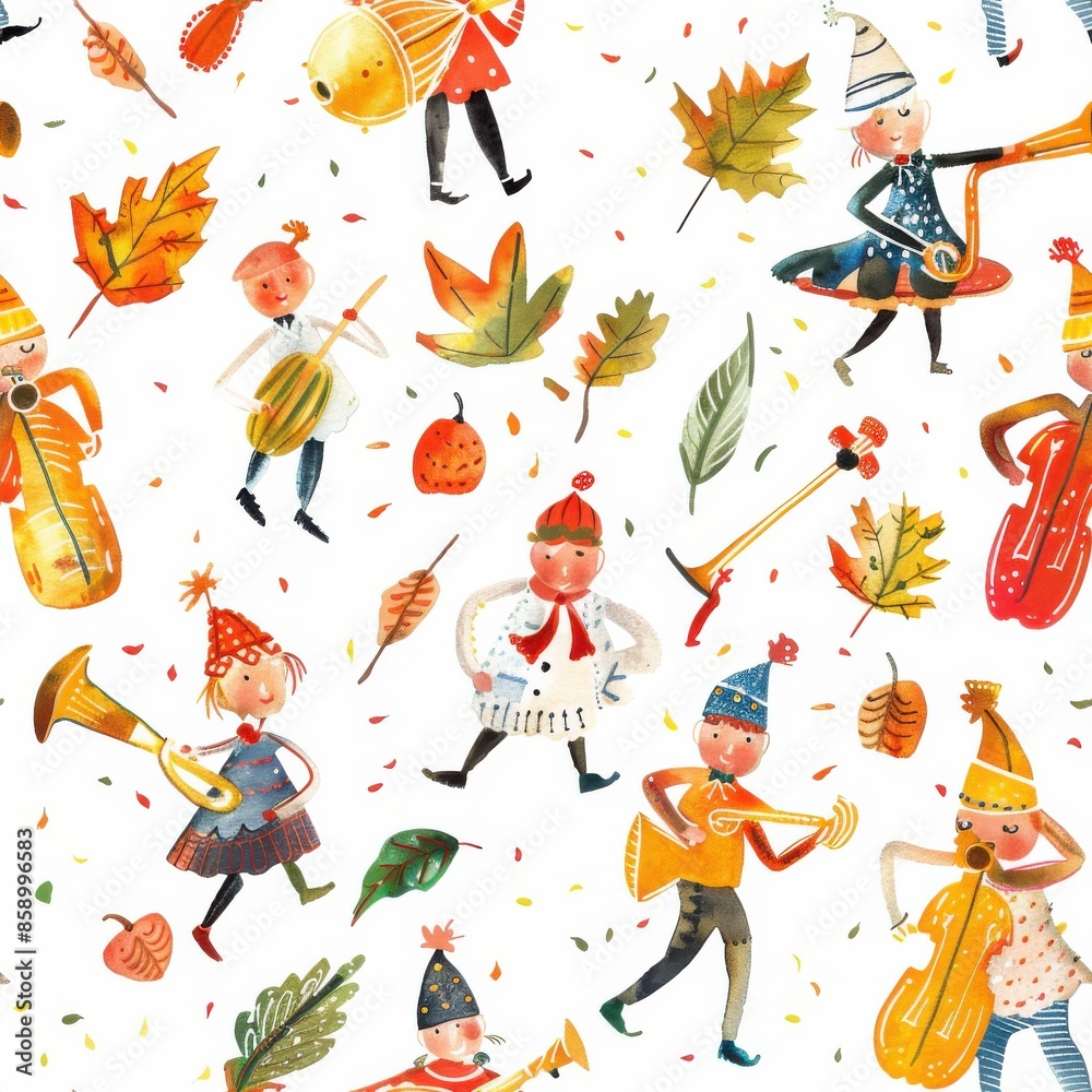 Poster A watercolor illustration features a whimsical group of children playing various instruments in a setting of autumn leaves and confetti. The children are dressed in festive attire and are positioned i