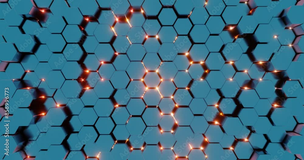 Poster Futuristic 3D Render of Glowing Hexagonal Pattern - Neon Blue and Red Geometric Design