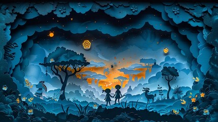 Paper-cut adventure: children exploring a magical forest filled with mythical creatures and legendary deities. Illustration, Minimalism,