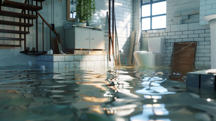 Sunlight streams into a modern bathroom, which has been unexpectedly flooded, creating a striking contrast between nature's force and interior design.