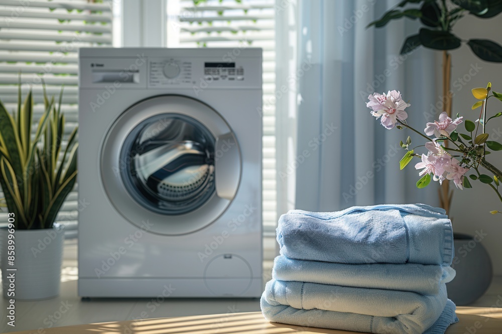 Poster a close-up image of a washing machine with a stack of freshly laundered, folded clothes sitting on a