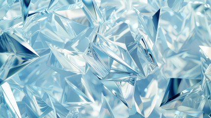 Close-up of a collection of clear, faceted crystals in various shapes and sizes, sparkling brightly against a soft blue background.