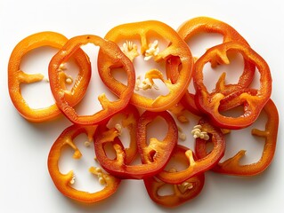 Orange bell pepper cut into rings isolated on white, emphasizing the freshness