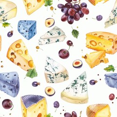 This watercolor illustration features a variety of cheeses, grapes, and cherries. The cheeses include cheddar, brie, blue cheese, and more. The grapes are purple and the cherries are red. The illustra