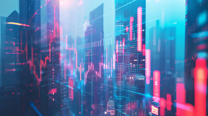 A futuristic cityscape with digital stock market graphs overlaying skyscrapers, merging technology with urban living.