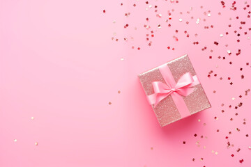 Fototapeta premium Festive background with pink gift box and confetty. Holidays concept.
