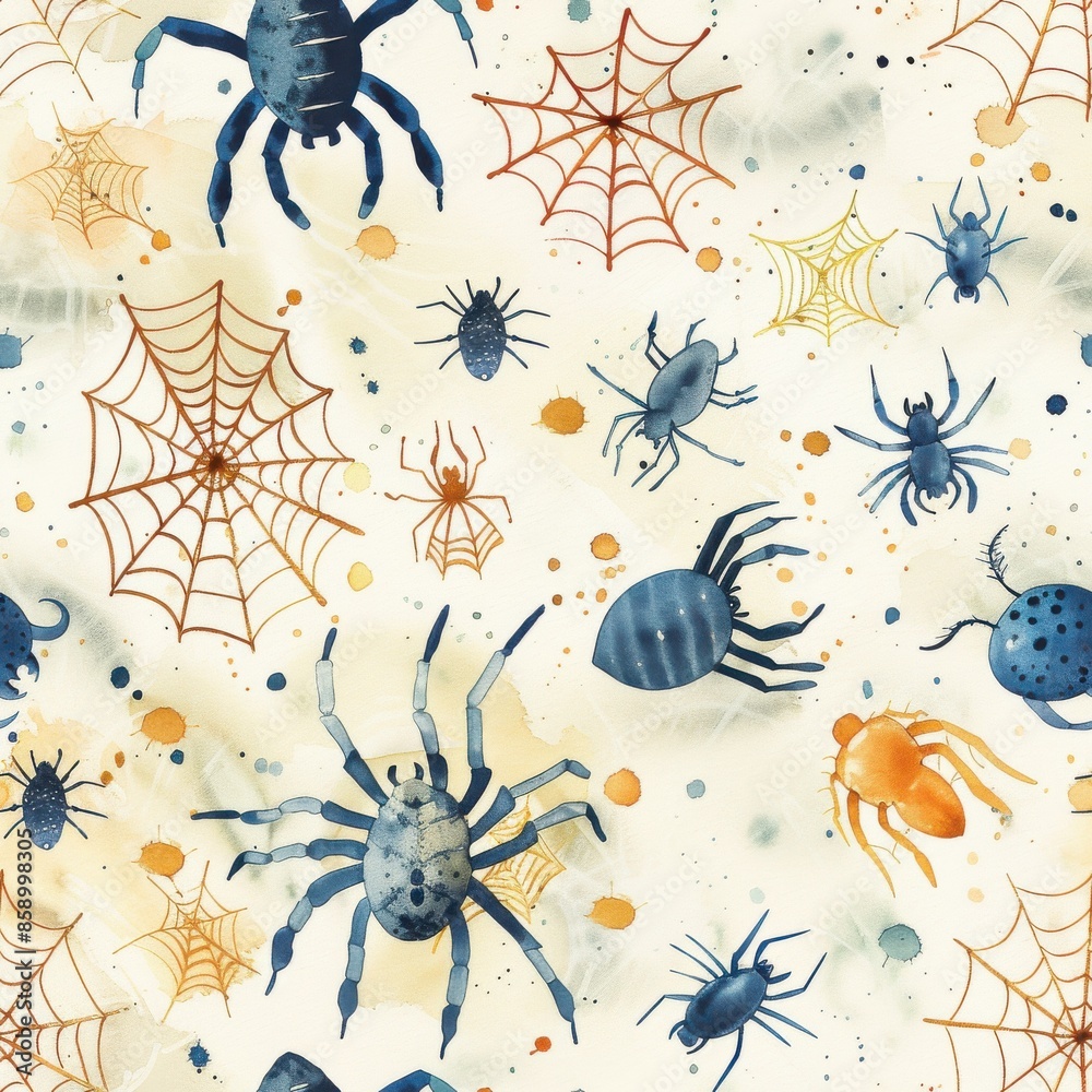 Poster this image is a watercolor pattern featuring spiders and spiderwebs. the background is a light cream