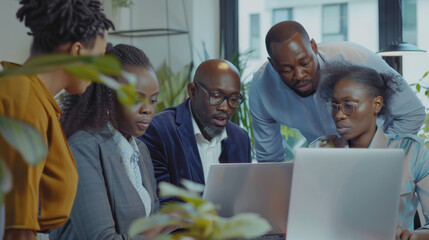 A focused team of professionals gather around laptops in a modern office space, collaborating intensely on a group project.