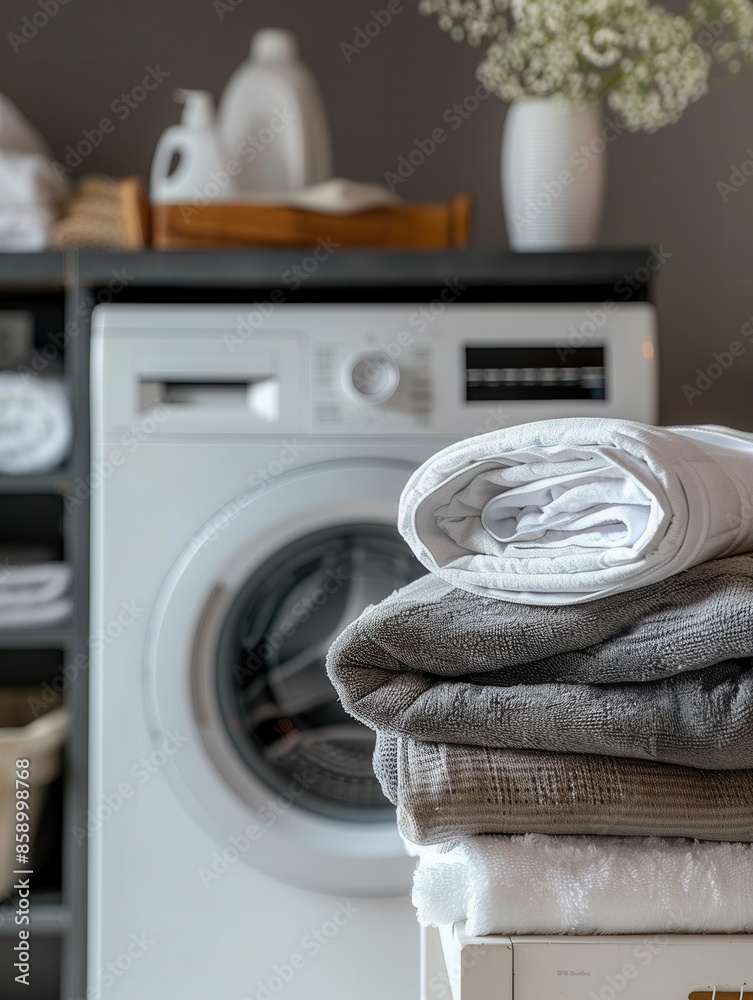 Poster a stack of neatly folded laundry sits on a white surface near a modern washing machine. generative a