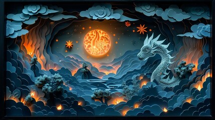 Paper-cut wonderland: kids embark on a magical journey meeting gods, demons, and fantastical creatures. Illustration, Minimalism,