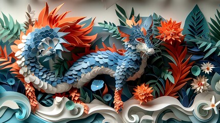 Obraz premium Whimsical woodland voyage: children encounter legendary beings and fierce animals in intricate paper craft. Illustration, Minimalism,