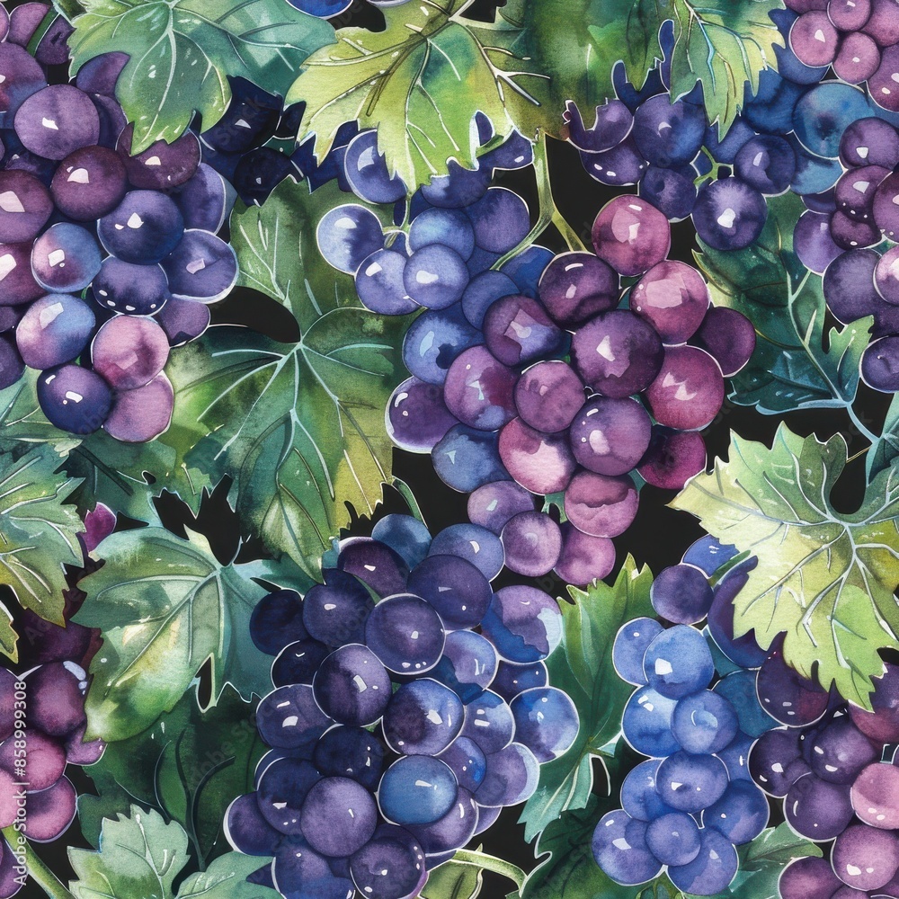 Poster this image is a watercolor painting depicting clusters of ripe grapes hanging from a vine. the grape