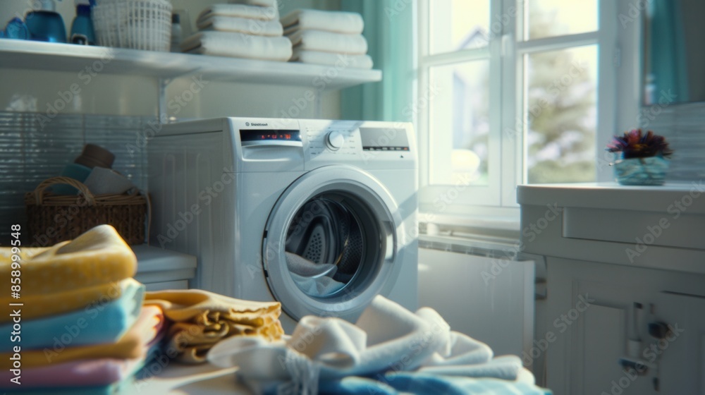 Poster a white washing machine with a clear door, revealing a clean, empty drum. neatly folded laundry is p
