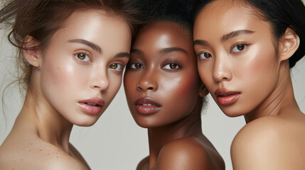 Three women with radiant complexions share an intimate and confident portrait, highlighting diversity and elegance.