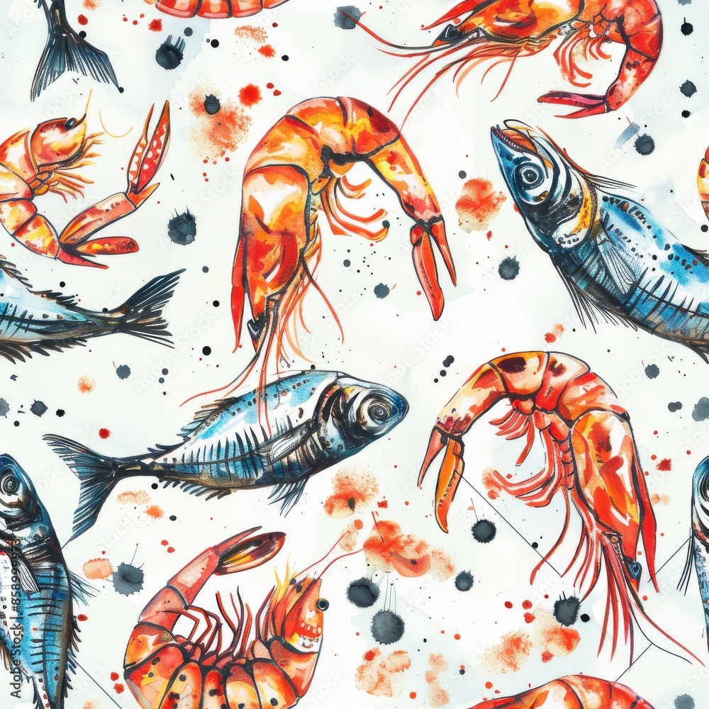 Poster this image features a watercolor pattern of shrimp and fish on a white background. the shrimp are re