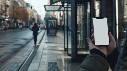 Obraz premium A person holds a smartphone with a blank screen at a city bus stop, capturing the urban, on-the-go lifestyle.