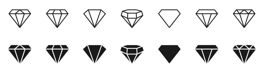 Diamond icon set. Different shapes of diamond cuts. Dimond icon set in flat style. Abstract black diamond collection icons. Gemstone icon set. Diamonds logo design. Vector illustration. EPS 10