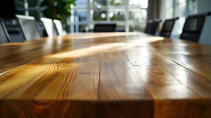 Obraz premium The close up picture of the empty table that has been made from the wood material and placed inside the bright office, an office is designated space within a building where work is performed. 