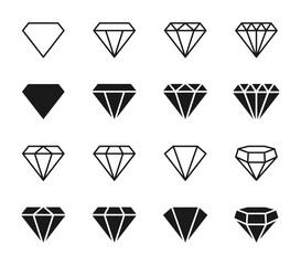 Diamond icon set. Different shapes of diamond cuts. Dimond icon set in flat style. Abstract black diamond collection icons. Gemstone icon set. Diamonds logo design. Vector illustration. EPS 10