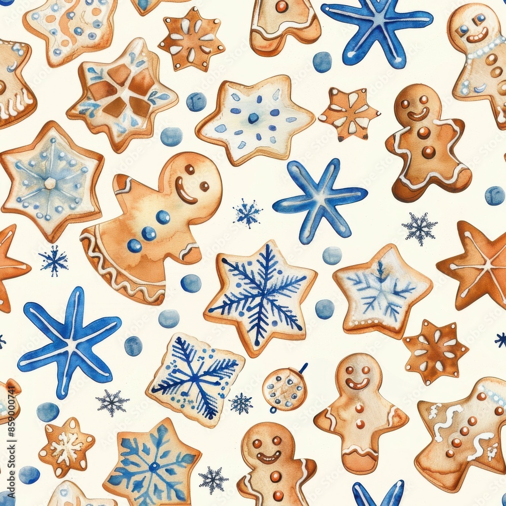Poster this image is a watercolor illustration of a seamless pattern featuring gingerbread men and snowflak