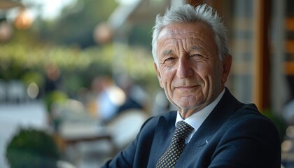 Portrait of a Confident Senior Businessman in a Suit Outdoors with a Blurred Background