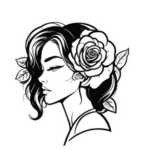 Beautiful woman and rose Art Nouveau tatoo black illustration sketch hand draw. Beautiful woman and rose for tshirt design