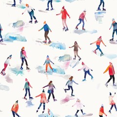 This watercolor illustration features a seamless pattern of people ice skating on a frozen lake or pond. The background is white with light blue and pink watercolor washes to depict ice and snow. The 