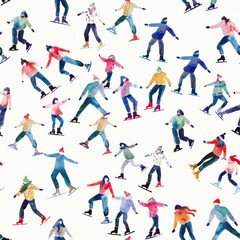 A watercolor illustration of people ice skating on a white background. The illustration features numerous people of different ages and genders, all wearing winter clothing and ice skating. The illustr
