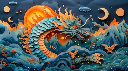 Paper-cut wonderland: kids embark on a magical journey meeting gods, demons, and fantastical creatures. Illustration, Minimalism,