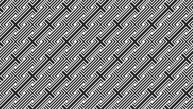 High-quality animation featuring abstract geometric patterns with a seamless and symmetrical black and white texture, ideal for video backgrounds and motion effects.