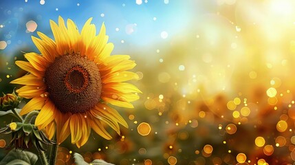 Fototapeta premium Sunflower background with bokeh lights. Bright summer landscape.