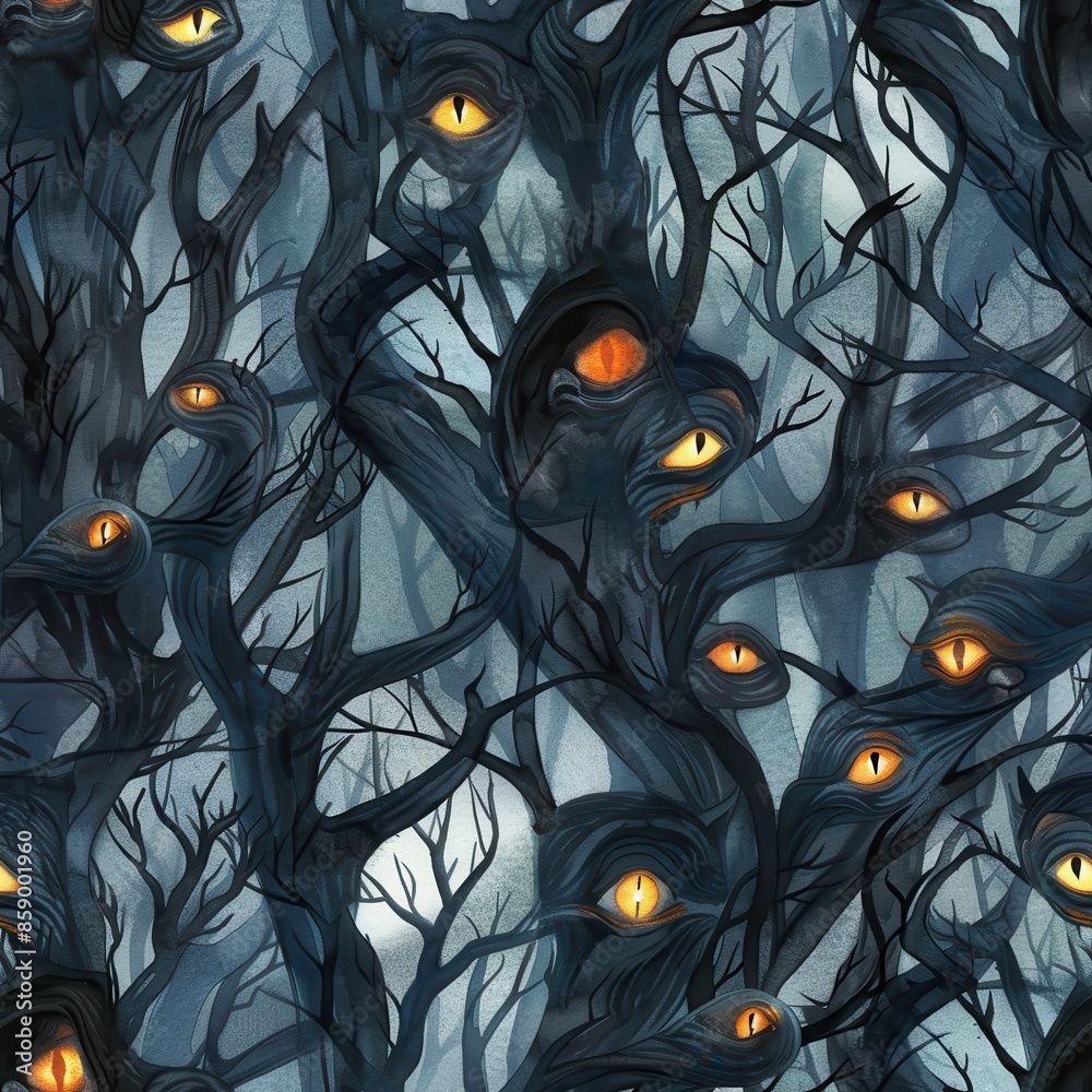 Aufkleber a digital painting depicting a dense forest with dark twisted trees. the trees are covered in numero