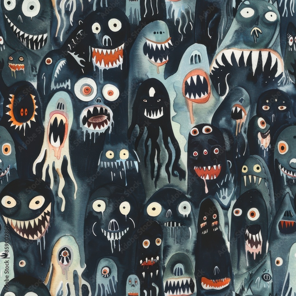 Poster This watercolor painting showcases a chaotic scene of multiple grotesque, distorted creatures with sharp teeth and large eyes. They appear to be stacked on top of each other, creating a sense of claus