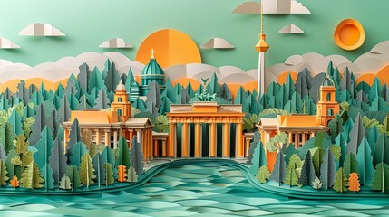 A captivating papercraft landscape of Berlin, including the Brandenburg Gate, Berlin Wall, and Museum Island, reflecting the city's historical significance and cultural vibrancy. Illustration,