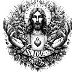 Obraz premium A drawing of a Jesus christ design drawing graphic with a heart and hands around it Artistic professional vector engaging.