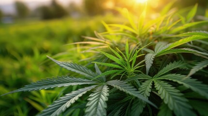 Naklejka premium The lush green grass in the background adorned with golden sunrays highlighted the vibrant green leaves of the cannabis plant symbolizing the natural health benefits of this medicinal herb.