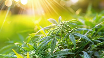 The lush green grass in the background adorned with golden sunrays highlighted the vibrant green leaves of the cannabis plant symbolizing the natural health benefits of this medicinal herb.