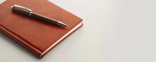 A stylish branded notebook and pen set, positioned on a solid white background with ample space for text and branding.