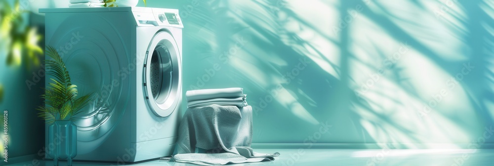 Poster a white washing machine stands in a modern bathroom with a teal wall, next to neatly folded laundry.