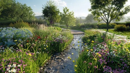 Naklejka premium The tranquil sight of a garden from a luxury room, where a gentle stream flows through the landscape, bordered by wildflowers and soft grasses.