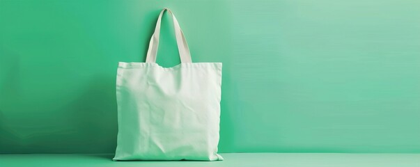 A stylish, branded tote bag made of eco-friendly material on a solid light green background, showcasing the logo and brand message.