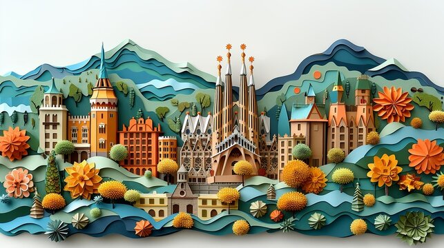 An exquisite papercraft illustration of Barcelona, featuring the Sagrada Fam&Atilde;&shy;lia, Park G&Atilde;&frac14;ell, and the Gothic Quarter, reflecting the city's rich architectural and artistic heritage. Illustration,