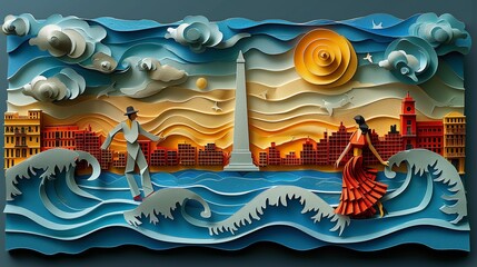 An intricate papercraft illustration of Buenos Aires, featuring the Obelisk, La Boca district, and the Tango dancers, reflecting the city's lively culture and European influences. Illustration,