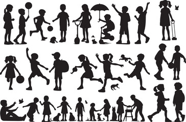Silhouettes of Children: This high-quality illustration brings childhood joy to life in a captivating black and white scene.