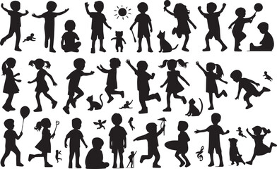 Silhouettes of Children: This high-quality illustration brings childhood joy to life in a captivating black and white scene.