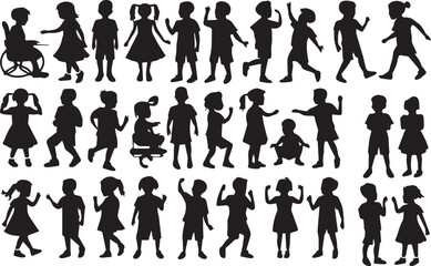Silhouettes of Children: This high-quality illustration brings childhood joy to life in a captivating black and white scene.