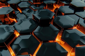Abstract Background, a complex 3D lattice of hexagonal prisms in a striking palette of black and neon orange,