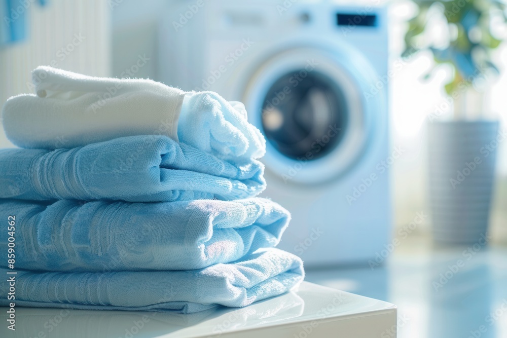 Poster a stack of neatly folded, clean laundry sits on a white countertop next to a blue washing machine. g